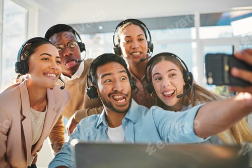 Preview: Call center, employee or selfie at office or smile fun, consultant or bonding together. Diversity c