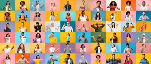 Preview: Collage Of Different Happy People Portraits Over Bright Studio Backgrounds