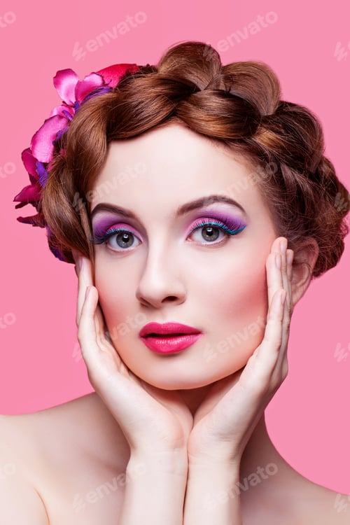 Preview: Beautiful girl with bright make-up and pink hat