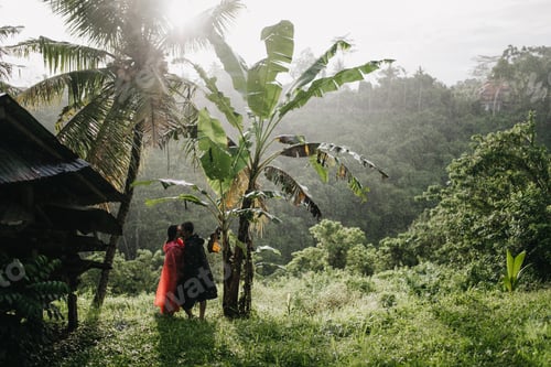 Preview: Romantic couple standing on the grass in tropical forest. Outdoor portrait of tourists exploring ju