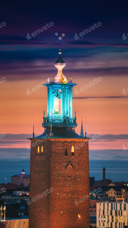 Preview: Stockholm, Sweden. Close View Of Famous Tower Of Stockholm City Hall. Popular Destination Scenic In