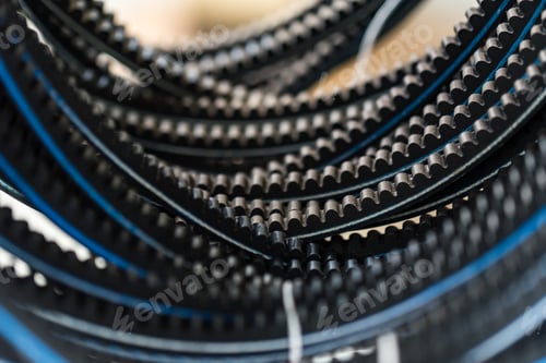 Preview: Closeup old timing belts. Rubber spare parts