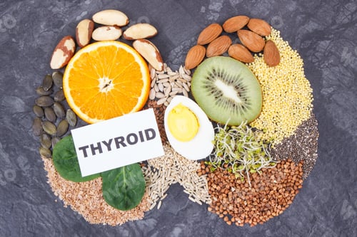 Preview: Nutritious ingredients in shape of thyroid. Healthy food containing vitamins.