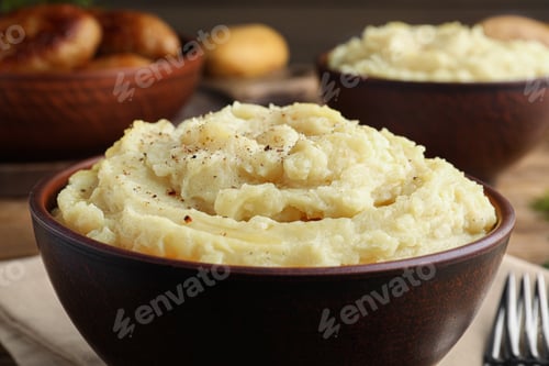 Preview: Bowl of tasty mashed potatoes with black pepper on table, closeup