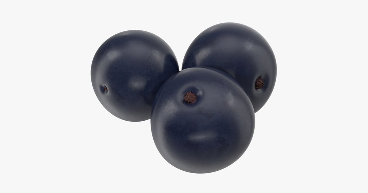 Triangular arrangement of three glossy blue fruits with seeds 3D, Incl ...
