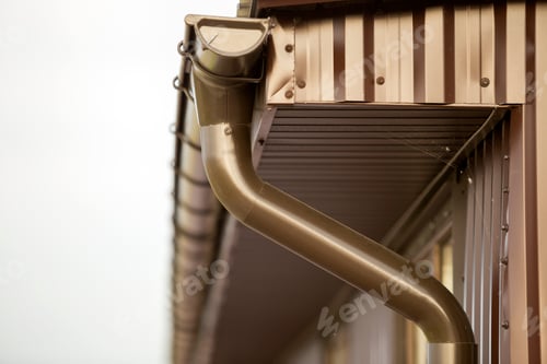 Preview: Close-up detail of cottage house corner with metal planks siding and roof with gutter rain system