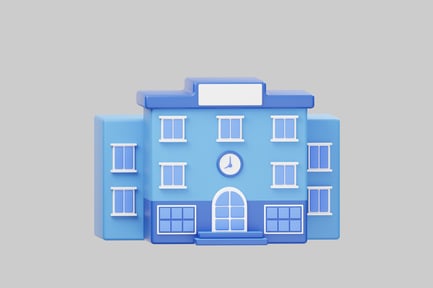 Vista previa: Fachada azul de dibujos animados del edificio escolar