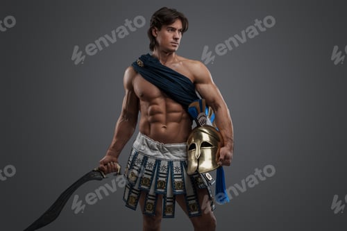 Preview: Greek warlord with muscular build holding sword and helmet