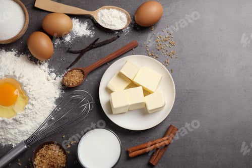 Preview: Flat lay composition with fresh ingredients for delicious homemade cake on grey table