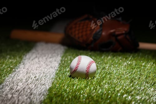 Preview: Low angle view of baseball on grass field with stripe and defocused mitt and bat