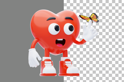 Preview: Heart Character Playing with Butterflies 3D Illustration