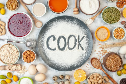 Preview: top view cook written flour with cereals eggs seeds nuts jam and jelly on white background color