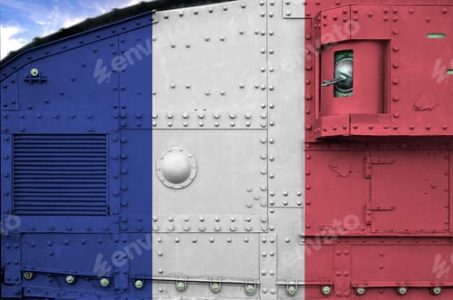 Preview: France flag depicted on side part of military armored tank close up
