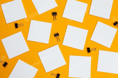 Preview: mock up concept. cards Papers on yellow background. Top view, flat lay, copy space