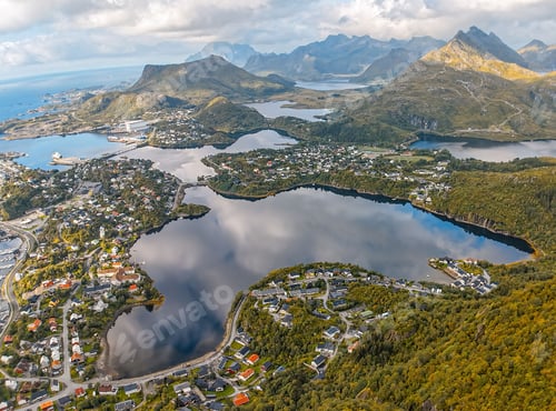 Preview: Aerial view of a scenic coastal town in Norway.