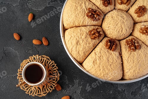 Preview: Turkish dessert baklava with nuts on black background