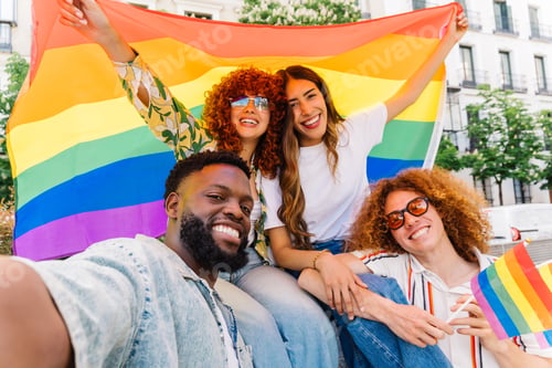 Preview: Multiethnic friends capturing selfie with rainbow flag during pride parade