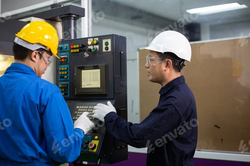 Preview: Asian male foreman training trainee to working with factory machine