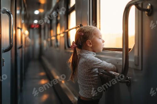 Preview: Girl, child looking though train window on sunset