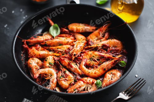 Preview: Fried shrimps with spices on pan
