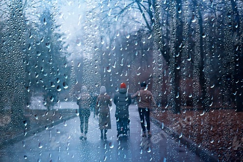Preview: Walk Park Autumn Seasonal Gloomy Weather Rain, A Group Of Young Friends And A Child In A Carriage