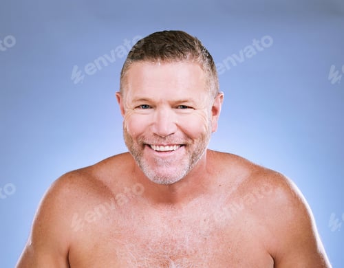 Preview: Facial, man smile and portrait of a mature beauty model in a blue background studio with mockup. Sk