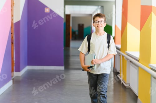 Preview: Schoolboy walking in school corridor carrying books and backpack