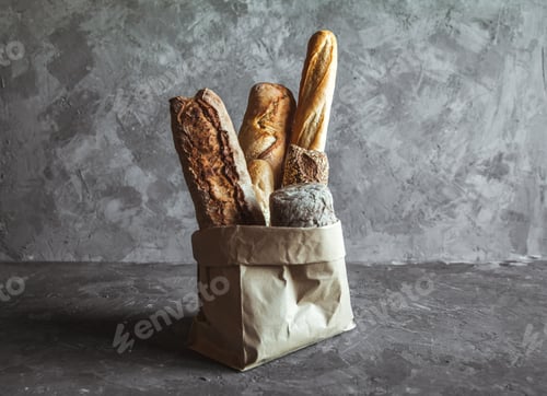 Preview: French pastries, baguettes on a gray background in a paper bag