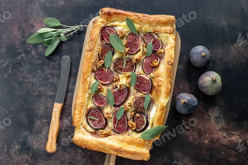 Preview: Homemade freshly baked cheese and fig tart with sage, honey, and walnuts.