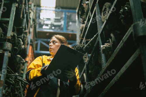 Preview: Technician adult women worker working in heavy industry, warehouse manager in garage scrap yard