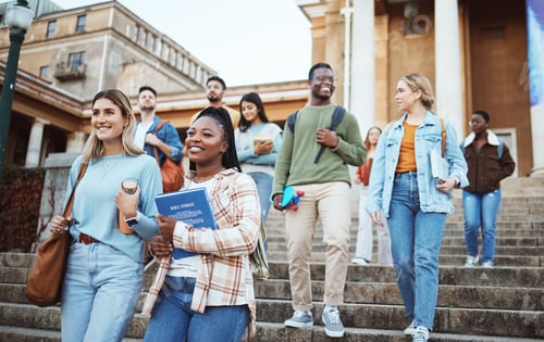 Preview: Diversity, students and walking on university steps, school stairs or college campus to morning cla