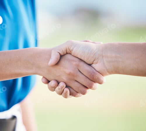 Preview: People, handshake and sports in agreement, teamwork or partnership on outdoor baseball field togeth