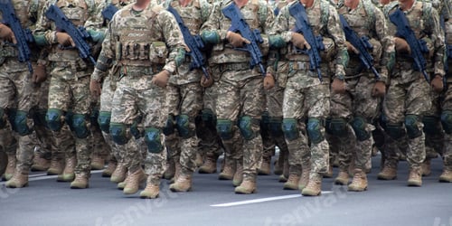 Preview: Military soldiers march in a parade with weapons. Pixel uniform. Soldier's legs. Military background