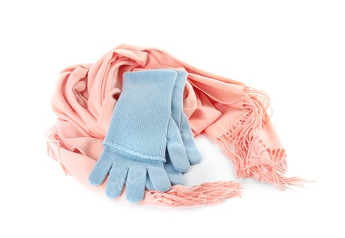 Preview: Stylish gloves and scarf on white background. Autumn clothes
