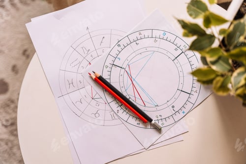Preview: Natal chart on white paper with pencils on the table