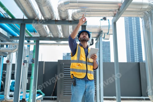 Preview: Engineer Inspecting Industrial Pipes on Rooftop