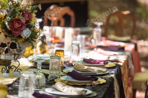 Preview: Closeup shot of the plates and silverware on a table decorated with flowers