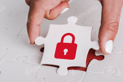 Preview: close up of woman holding white jigsaw with red padlock near connected puzzle pieces