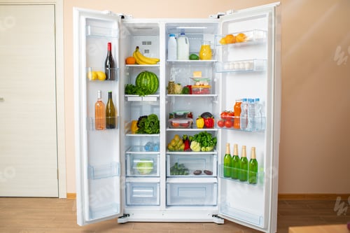 Preview: Open fridge full of fruits, vegetables and drinks