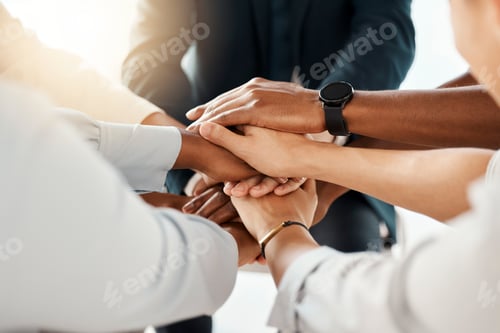 Preview: Business people, teamwork and hands in support of vision, innovation and collaboration in trust hud