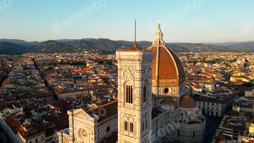 Preview: Aerial close view of the Florence Cathedral or Duomo di Firenze at sunset, Italy