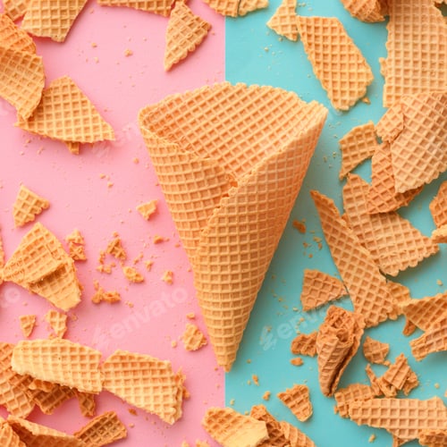 Preview: Ice cream waffle cones on pastel pink and blue background
