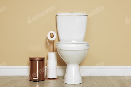 Preview: Toilet bowl, trash bin and paper rolls near beige wall indoors