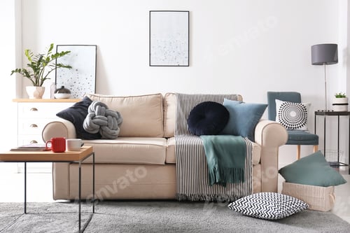 Preview: Living room interior with comfortable sofa and pillows