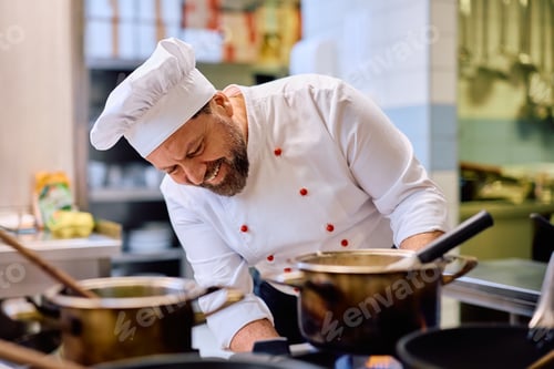 Preview: Happy mature cook making a meal while working in the kitchen.
