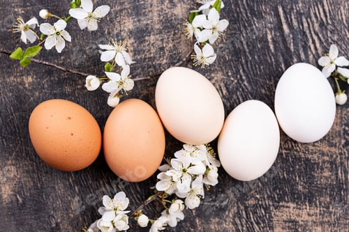 Preview: Chicken and quail eggs with blooming branch