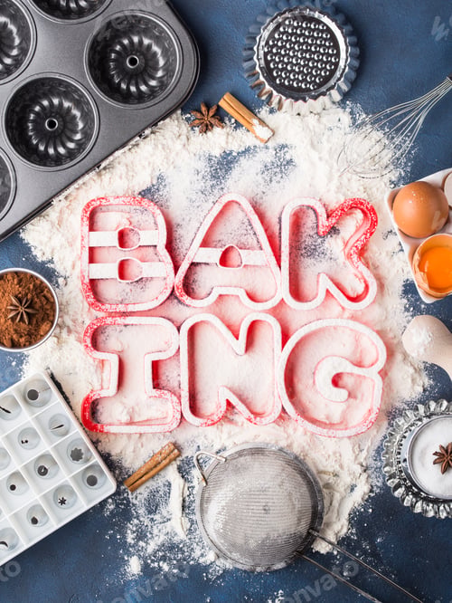 Preview: Flour letters spelling Baking with tools and ingredients