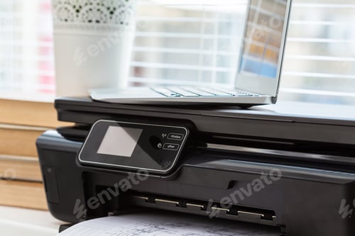 Preview: Printer and computer. Office table