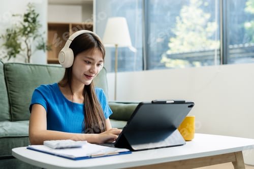 Preview: Smiling woman in headphones taking notes, motivated interested student studying online