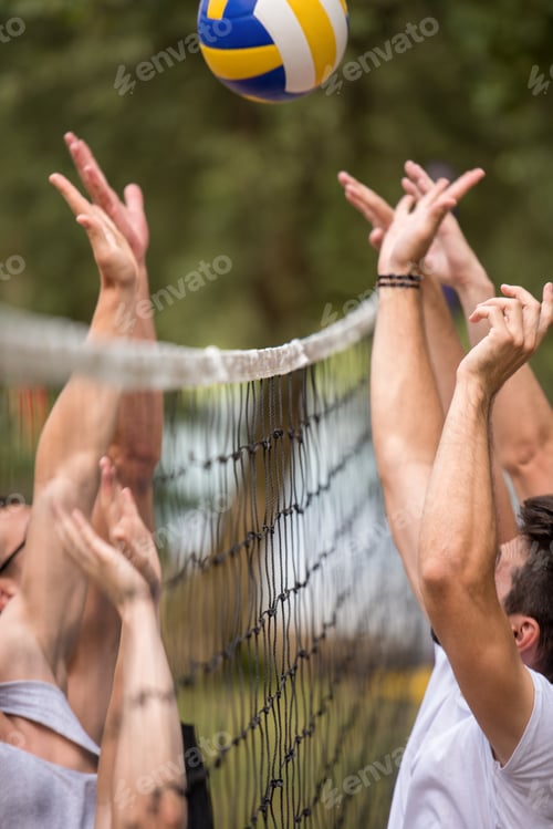 Preview: group of young friends playing Beach volleyball